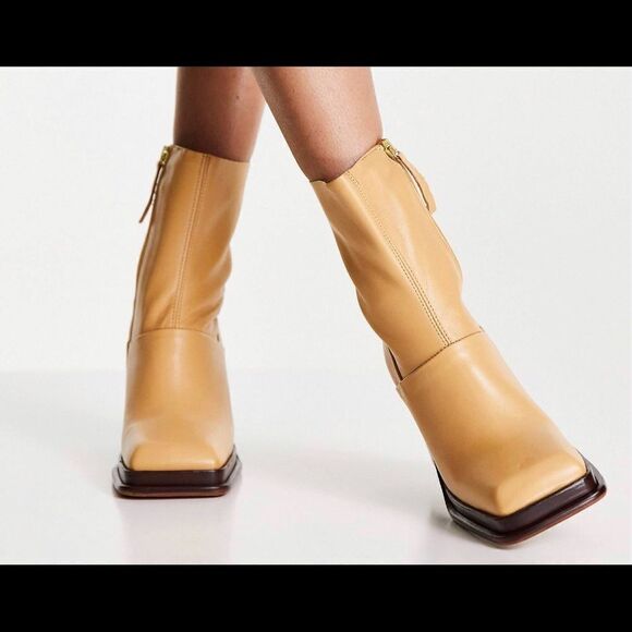 Asos design premium leather platform heeled boots in camel (sold out online ) - Picture 2 of 4